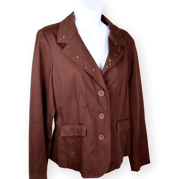 Daisy Fuentes Studded Chocolate Brown Cotton Blazer 10 - Picture 1 of 11